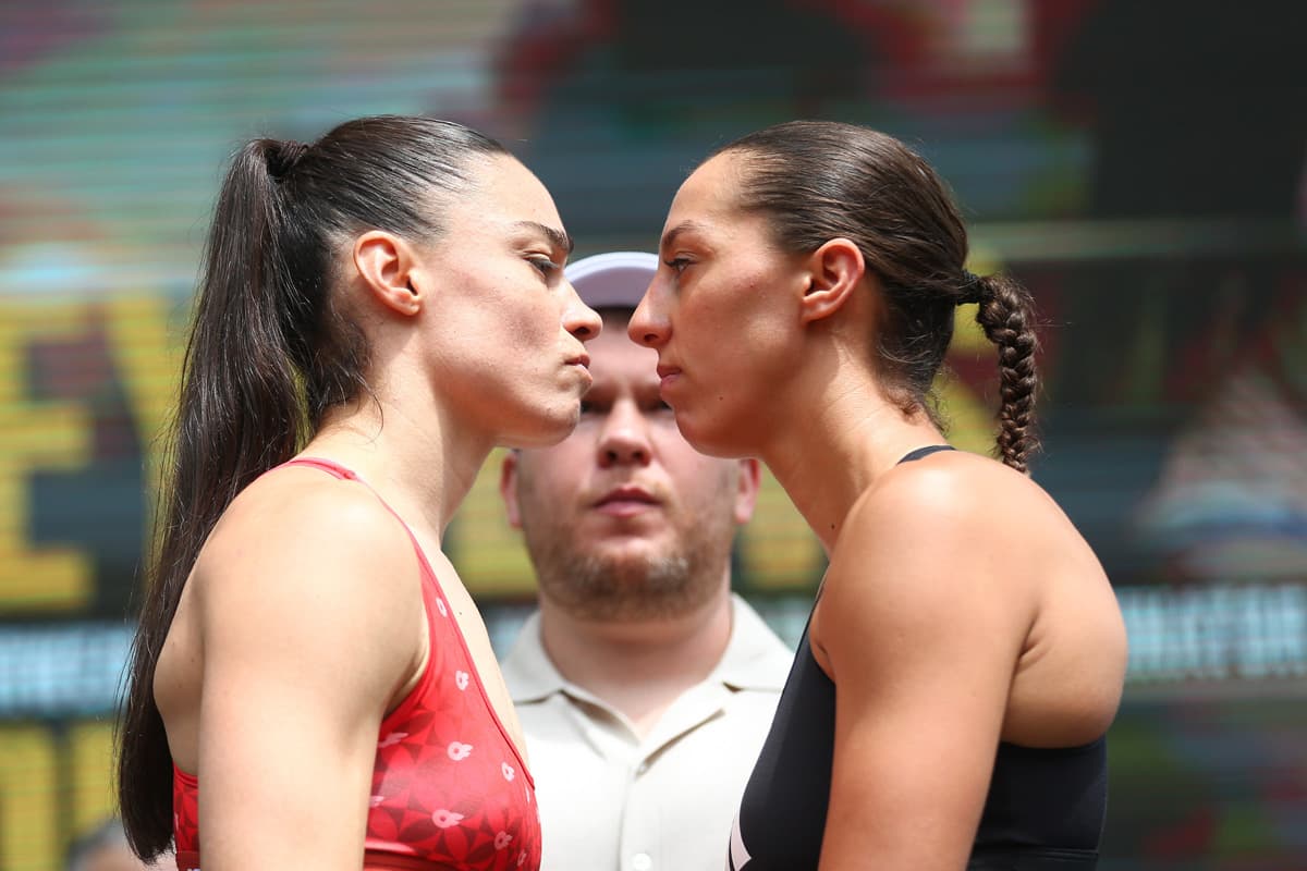 Caroline Veyre and Licia Boudersa during the weigh-in ahead of their boxing bout in Detroit