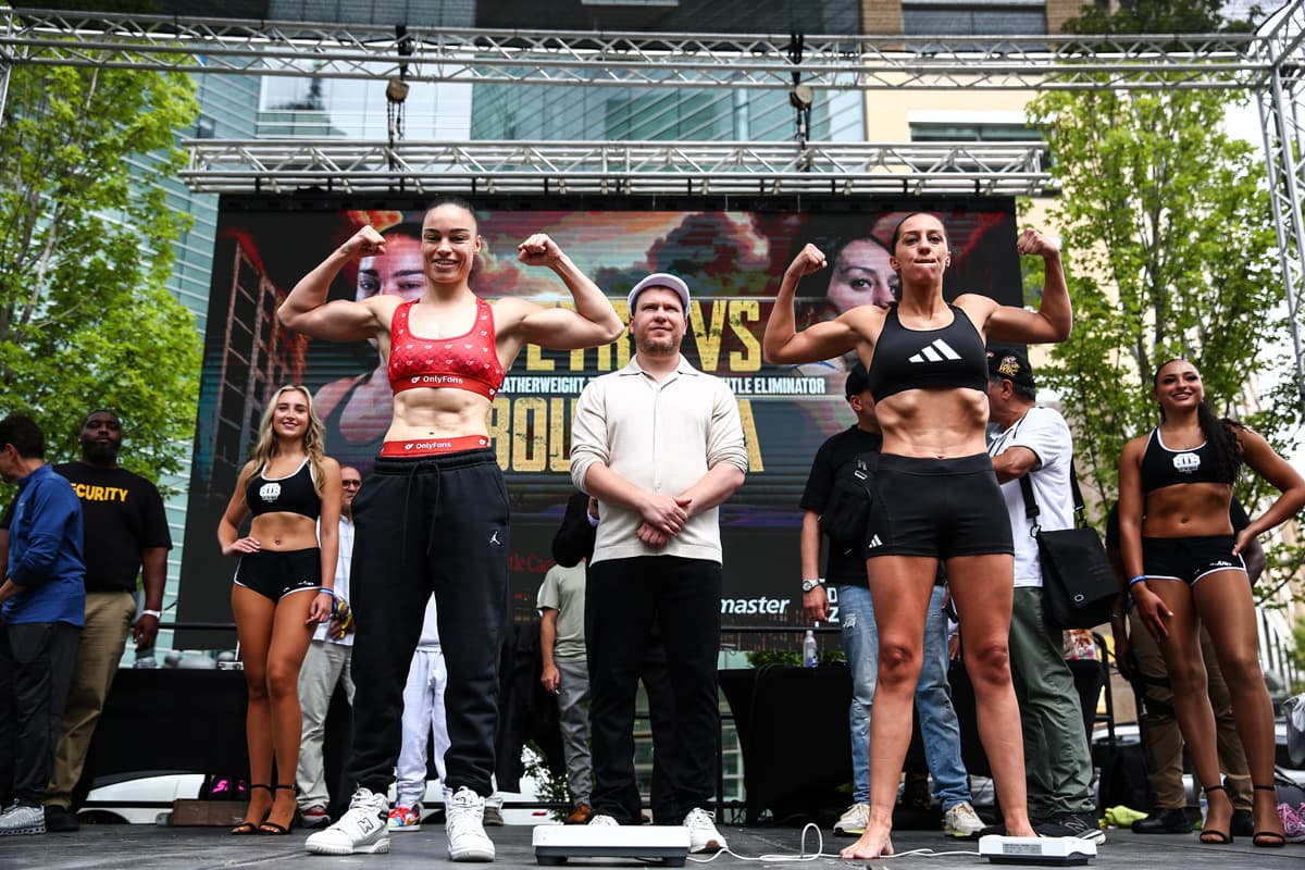 Caroline Veyre and Licia Boudersa during the weigh-in ahead of their boxing bout in Detroit