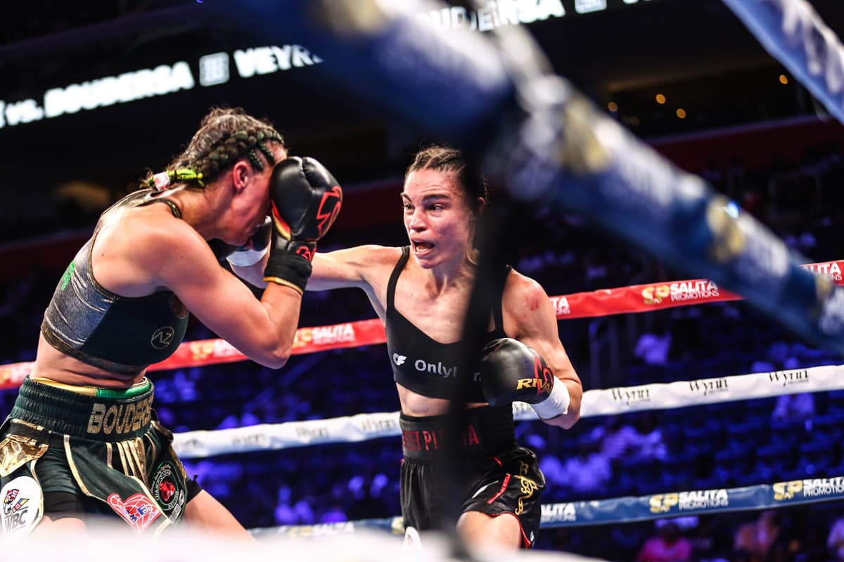 Caroline Veyre punches Licia Boudersa during their bout at Little Caesars Arena in Detroit
