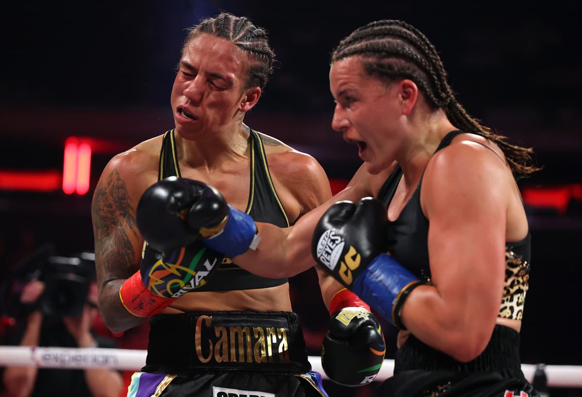 Chantelle Cameron punches Jessica Camara during their boxing bout at MSG in New York