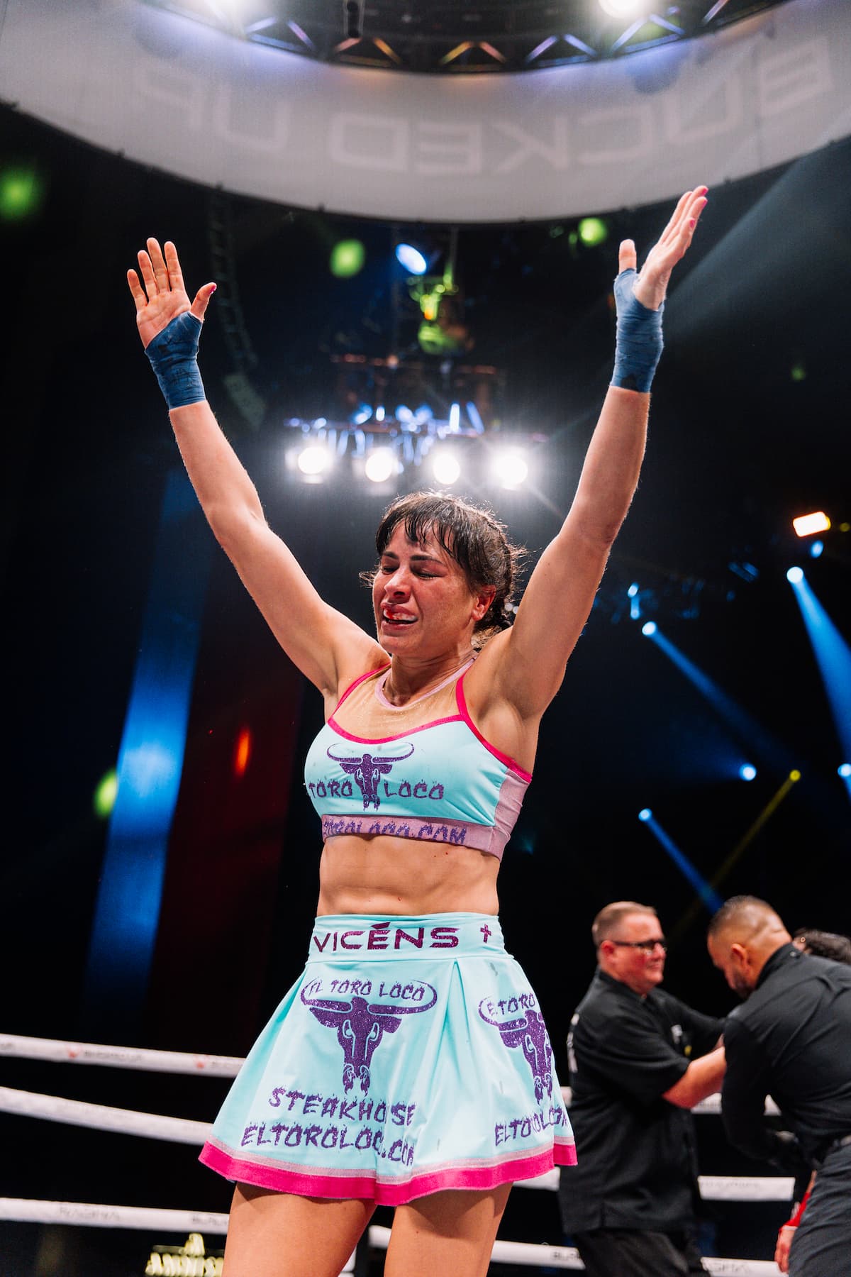 Christine Vicens celebrates victory over Jenny Savage during their bout at BKFC 78 Hollywood