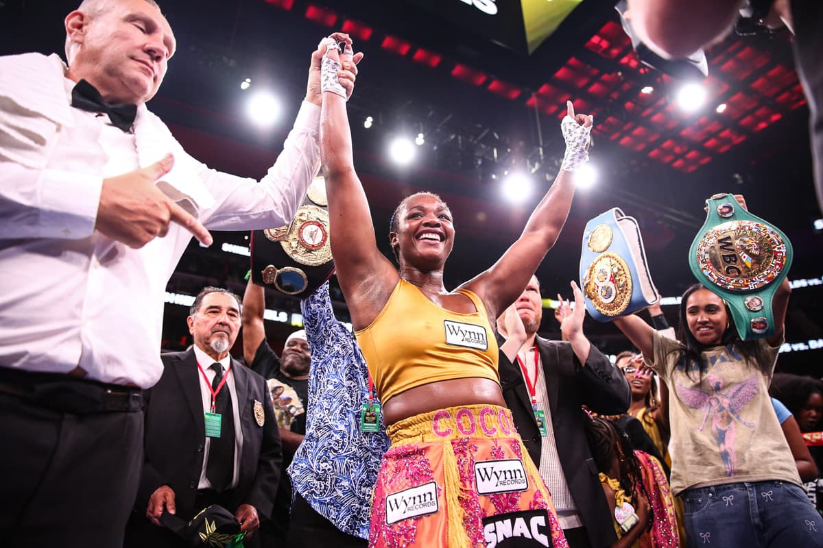 Claressa Shields defeats Lani Daniels during their bout at Little Caesars Arena in Detroit