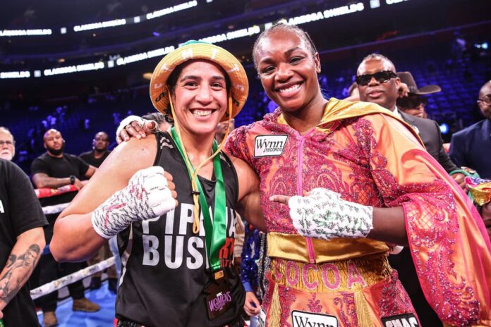Claressa Shields and Lani Daniels after their bout at Little Caesars Arena in Detroit