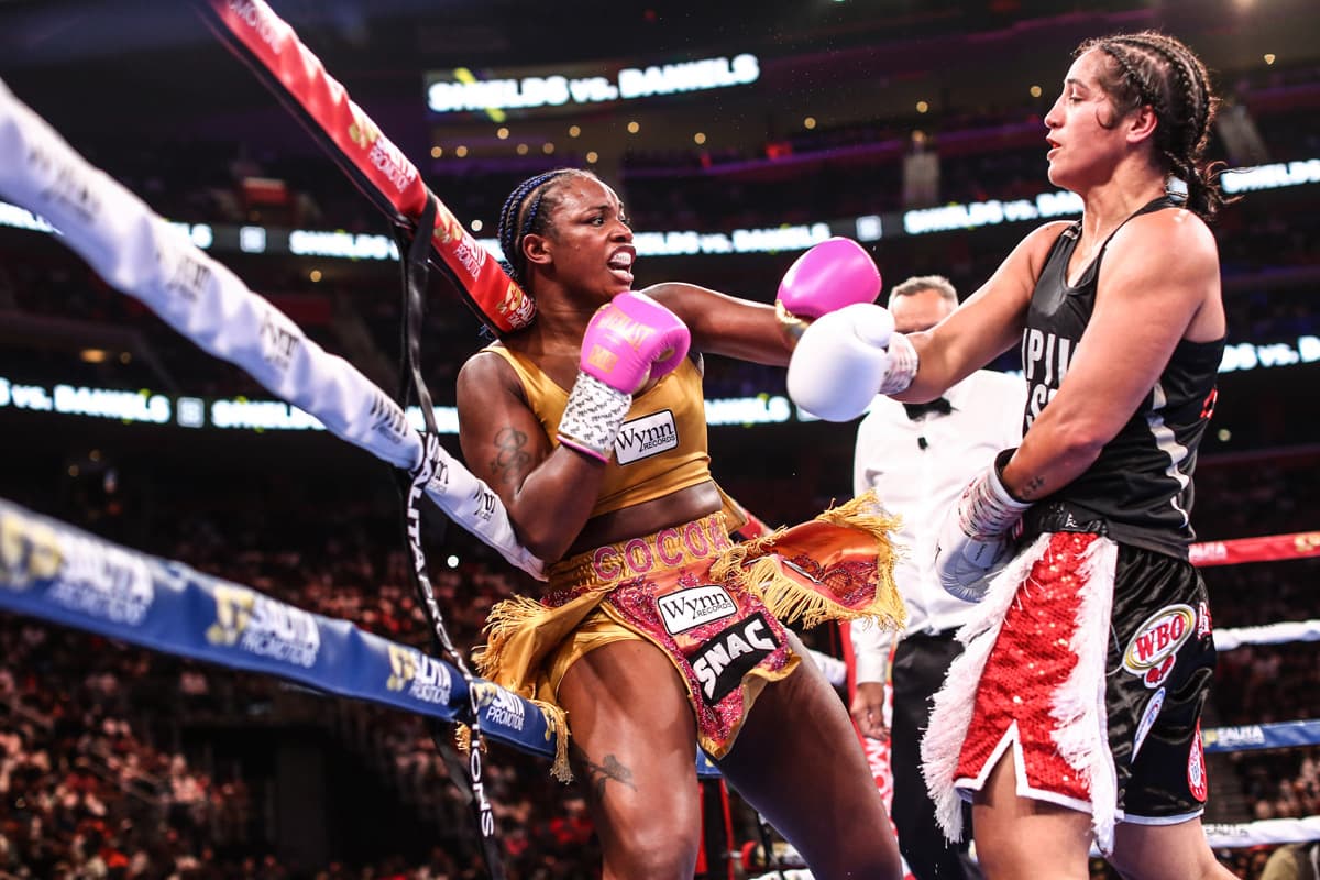 Claressa Shields and Lani Daniels during their bout at Little Caesars Arena in Detroit
