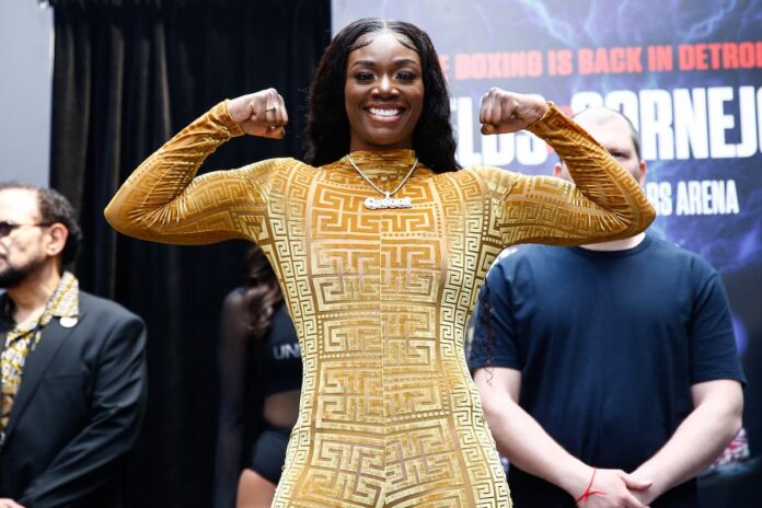 Claressa Shields during the weigh-in ahead of her boxing bout in Detroit