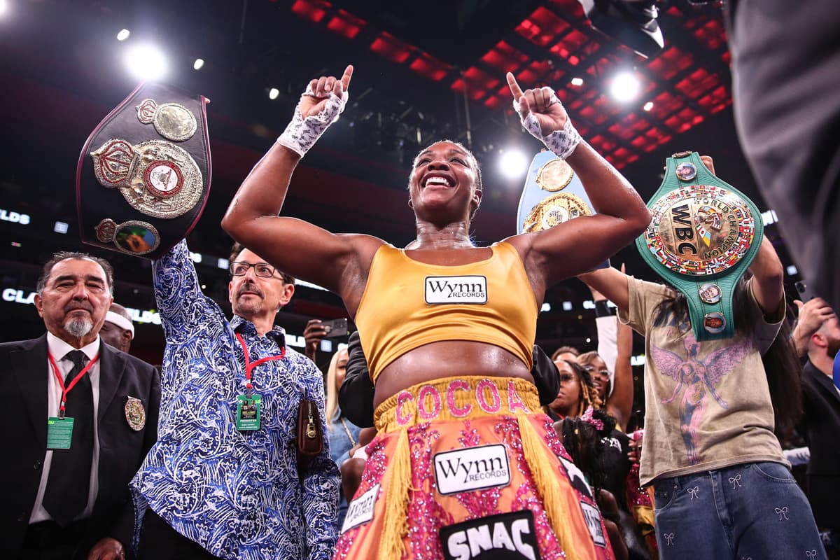 Claressa Shields celebrates victory over Lani Daniels during their bout at Little Caesars Arena in Detroit