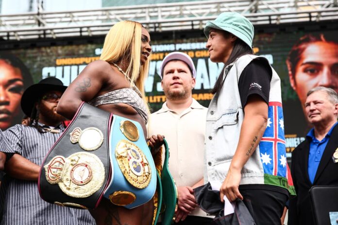 Claressa Shields and Lani Daniels face off at the weigh-in, ahead of their title fight in Detroit