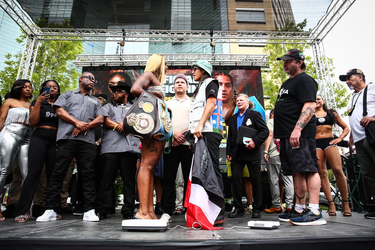 Claressa Shields during the weigh-in ahead of her bout against Lani Daniels in Detroit, MI