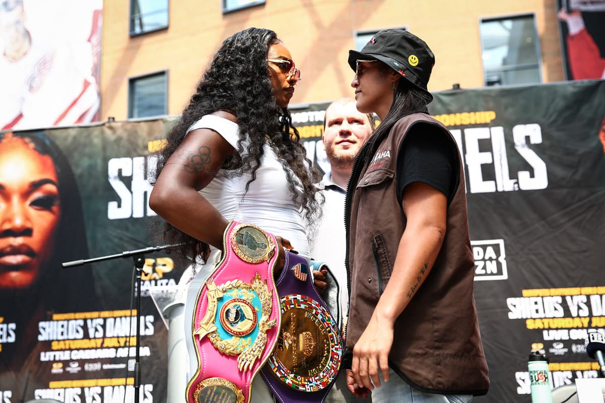 Claressa Shields and Lani Daniels during the press conference ahead of their boxing bout in Detroit
