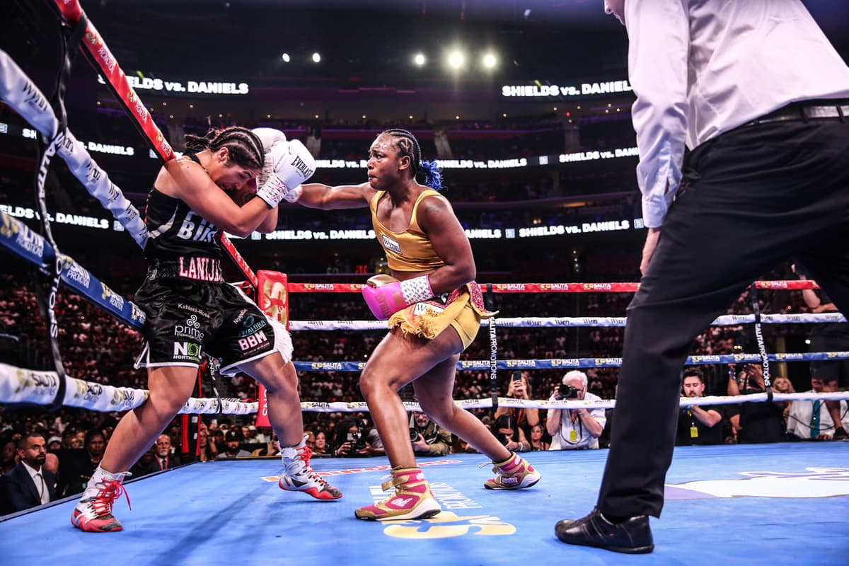 Claressa Shields punches Lani Daniels during their bout at Little Caesars Arena in Detroit