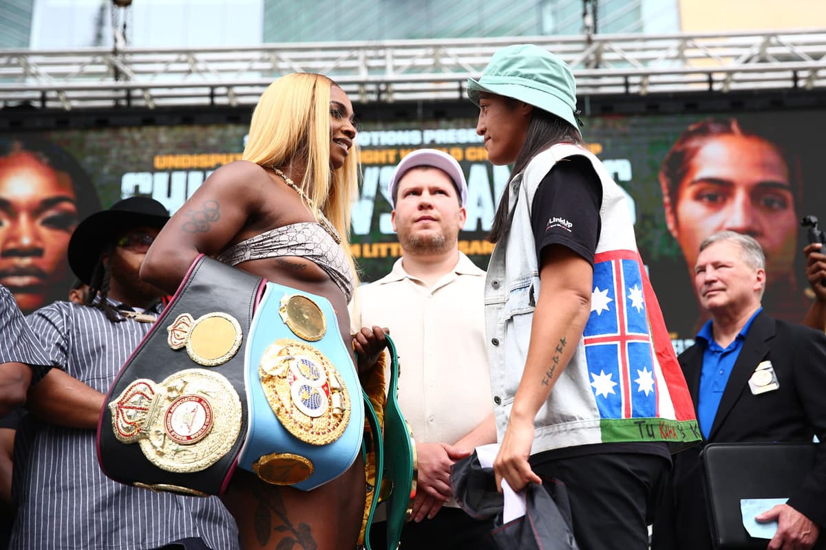 Claressa Shields and Lani Daniels during the weigh-in ahead of their boxing bout in Detroit
