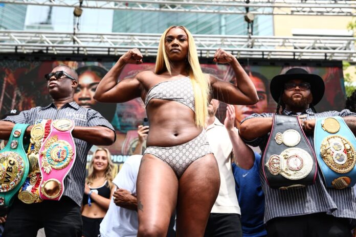 Claressa Shields during the weigh-in ahead of her bout against Lani Daniels in Detroit, MI