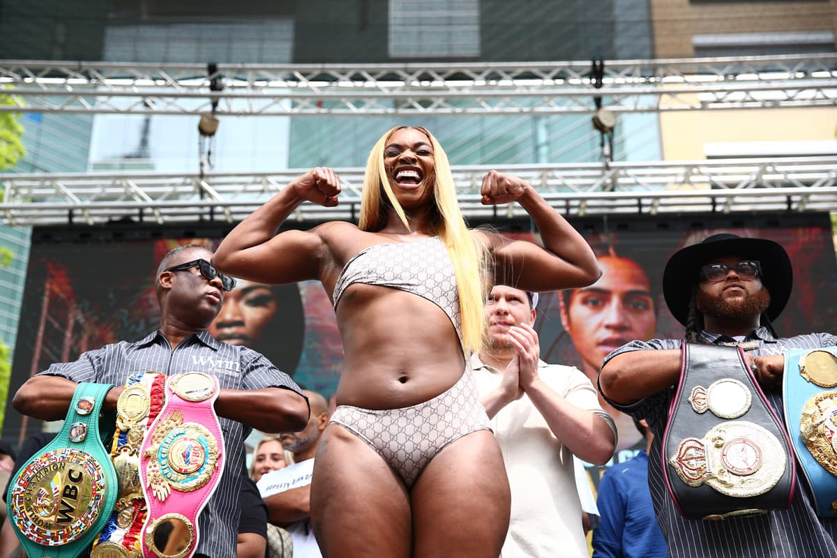 Claressa Shields during the weigh-in ahead of her bout against Lani Daniels in Detroit, MI
