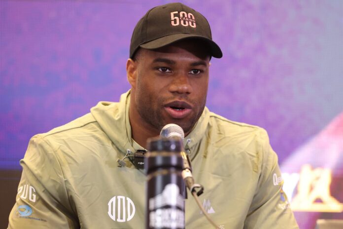 Daniel Dubois during the press conference ahead of his rematch against Oleksandr Usyk at Wembley Stadium in London