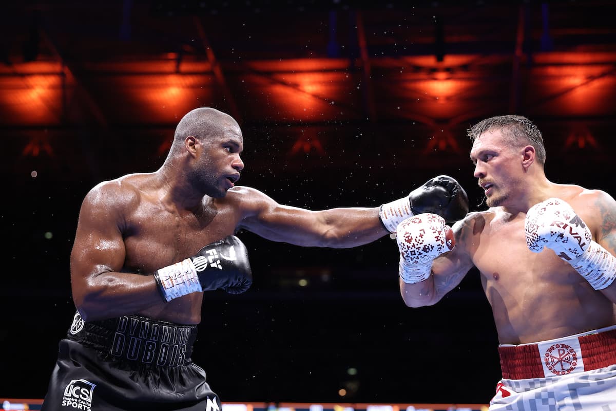 Daniel Dubois and Oleksandr Usyk during their boxing bout at Wembley Stadium in London