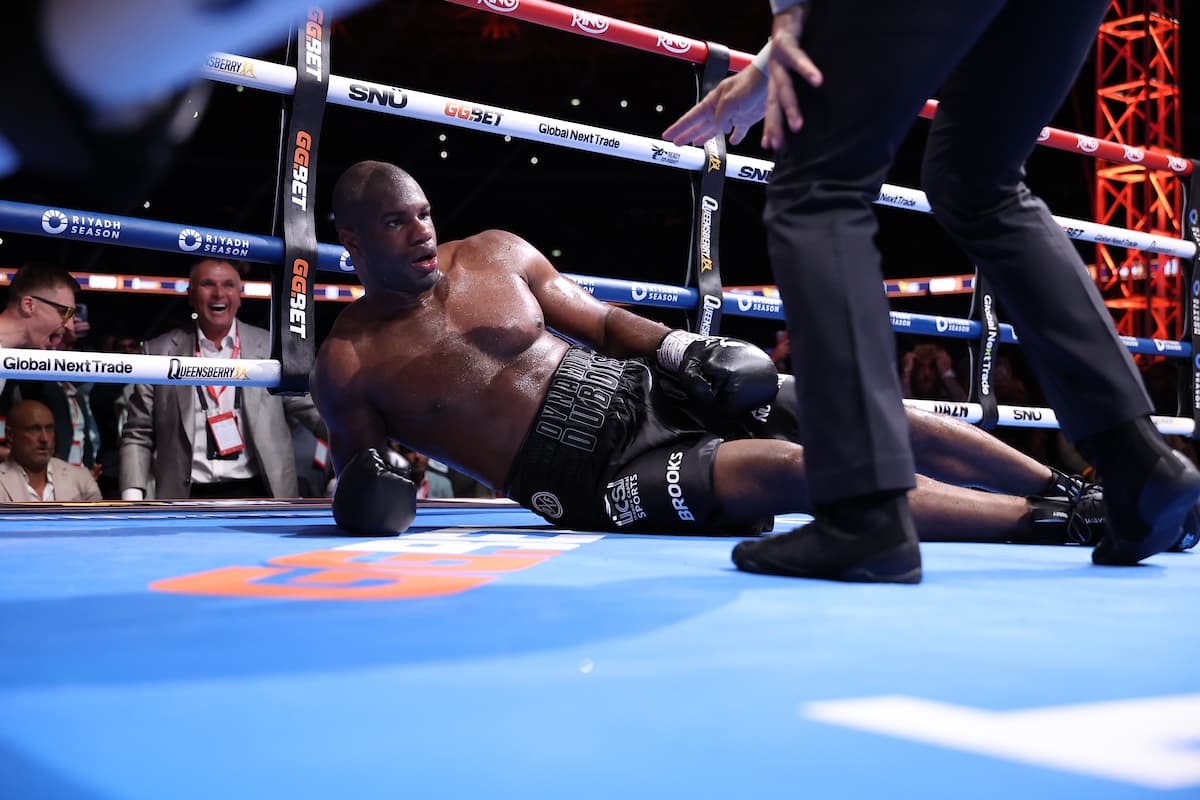 Daniel Dubois suffers a knockdown during his bout against Oleksandr Usyk