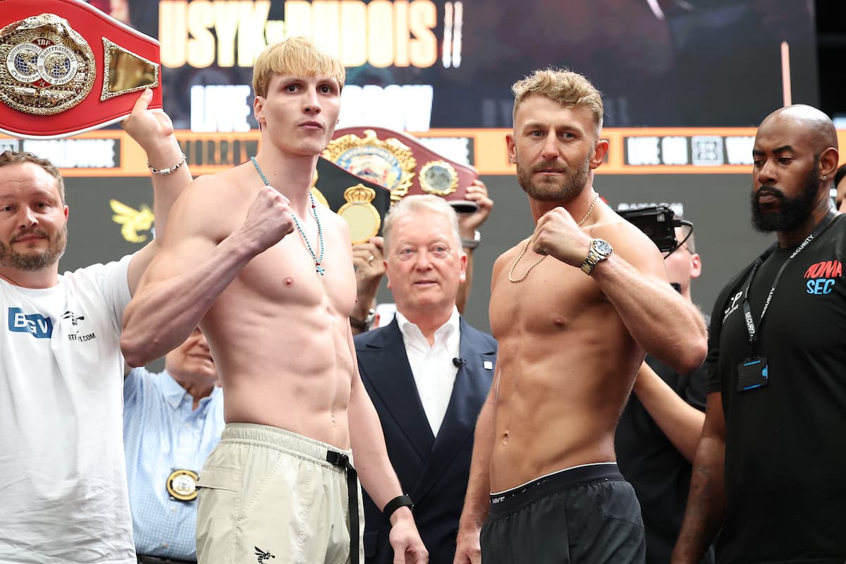 Daniel Lapin and Lewis Edmondson during the weigh-in ahead of their bout at Wembley Stadium in London