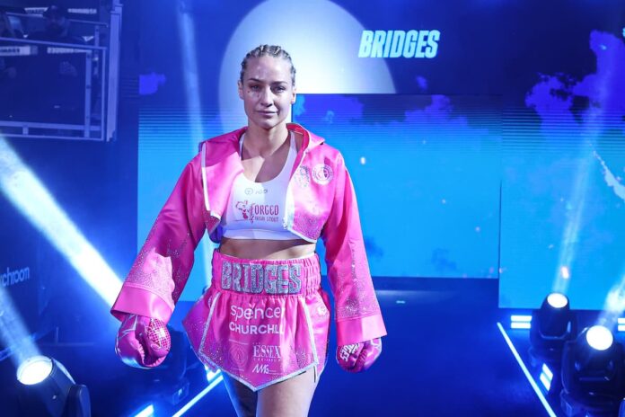 Ebanie Bridges makes her ring walk during her boxing bout against Miyo Yoshida in San Francisco