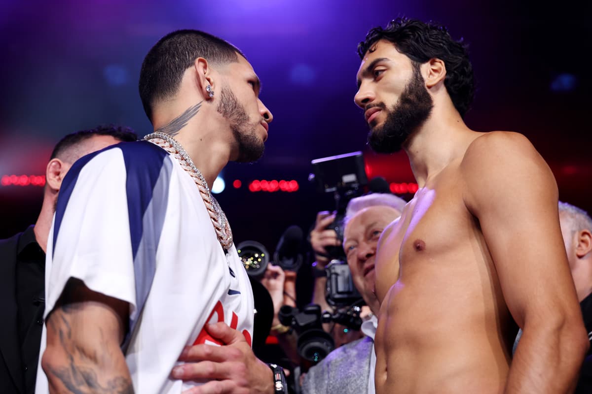 Edgar Berlanga and Hamzah Sheeraz during the weigh-in in Queens, New York
