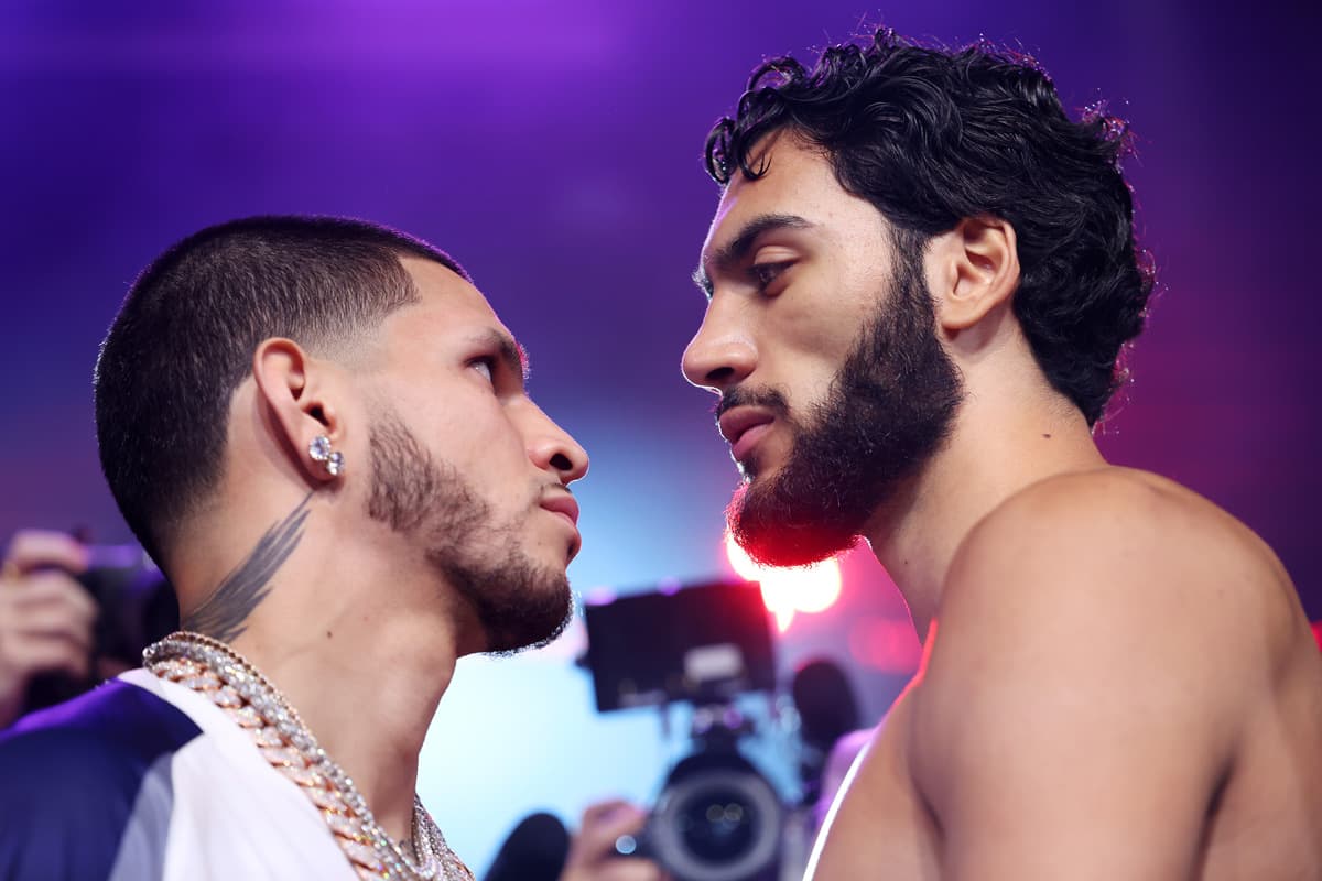 Edgar Berlanga and Hamzah Sheeraz during the weigh-in in Corona, NY