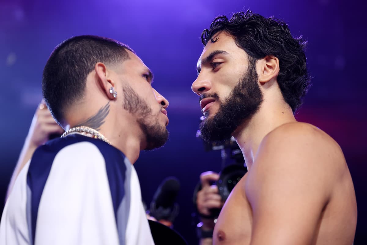 Edgar Berlanga and Hamzah Sheeraz during the weigh-in in Corona, NY
