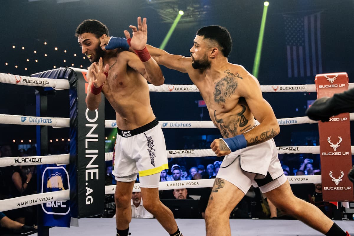 Elijah Harris punches Isaac Matamoros during their bare-knuckle boxing bout at BKFC Philly