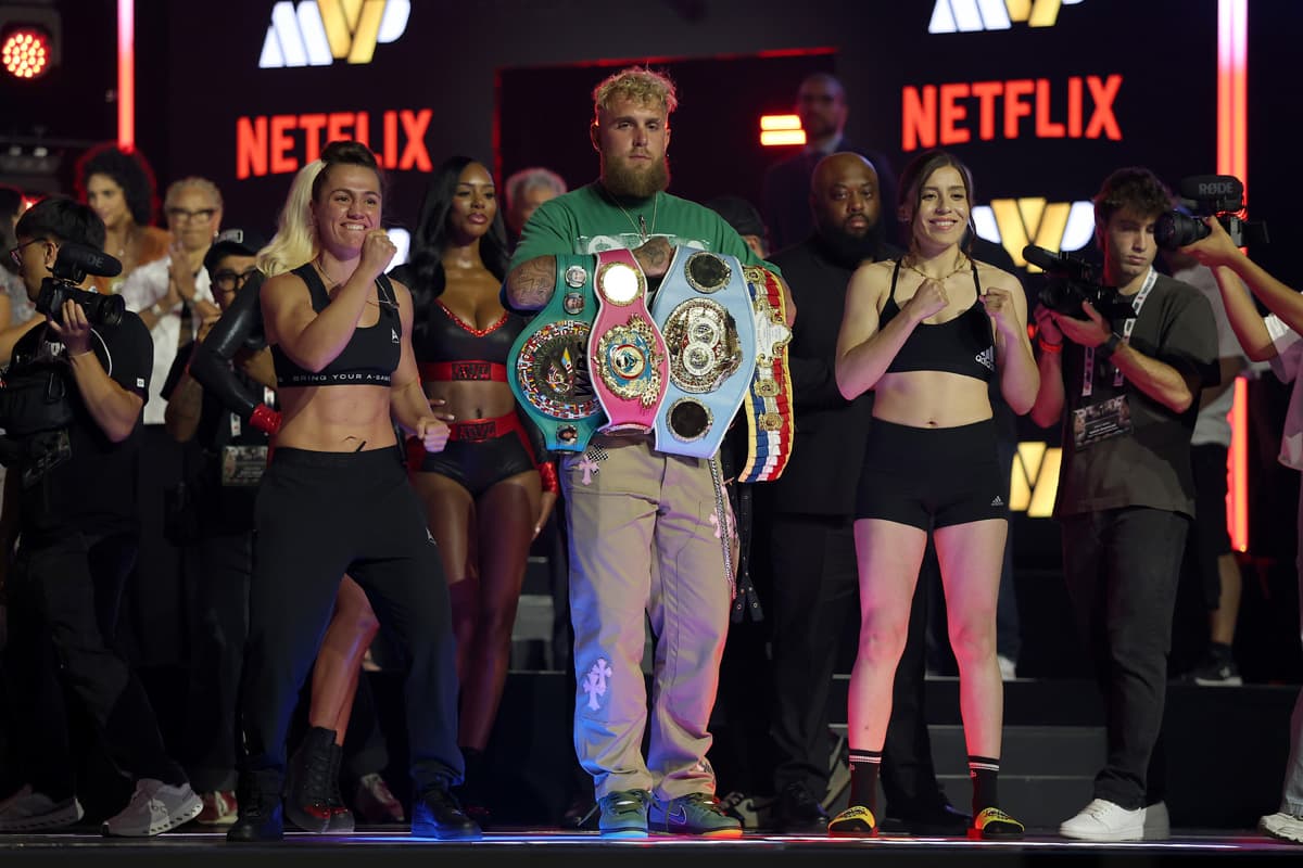 Ellie Scotney, Jake Paul and Yamileth Mercado during the weigh-in in New York