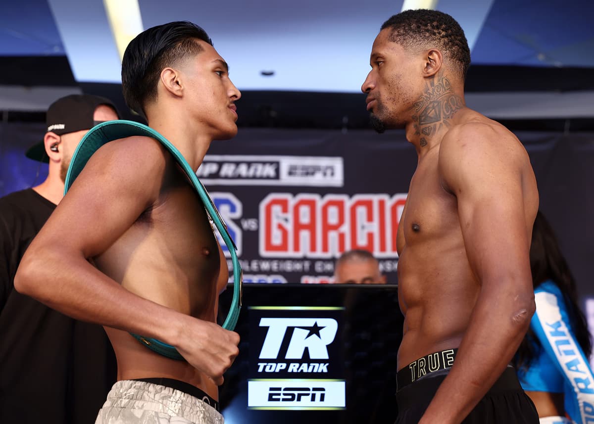 Emiliano Vargas and Alexander Espinoza during the weigh-in ahead of their boxing bout at The Theater at Madison Square Garden in New York