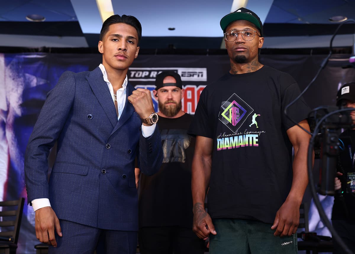 Emiliano Vargas and Alexander Espinoza during the press conference ahead of their bout at The Theater at Madison Square Garden in New York