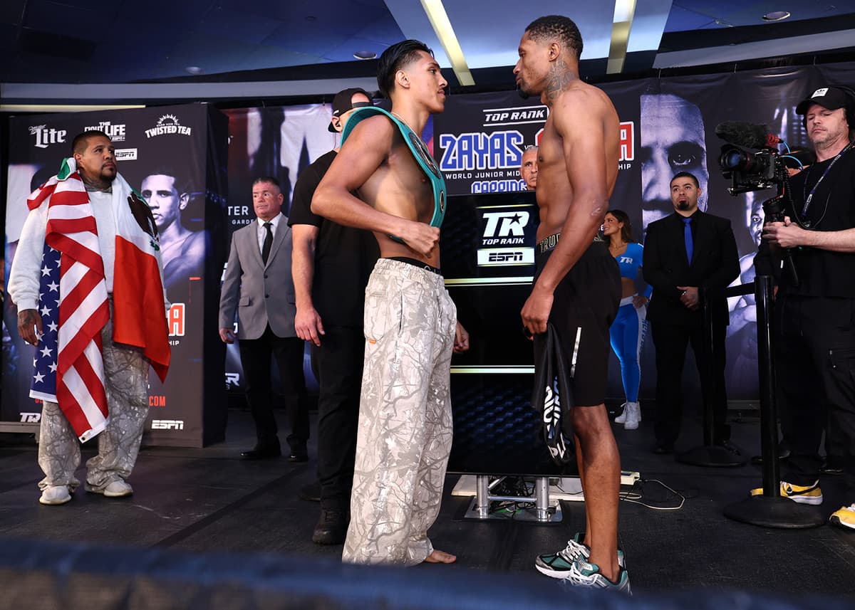 Emiliano Vargas and Alexander Espinoza during the weigh-in ahead of their boxing bout at The Theater at Madison Square Garden in New York