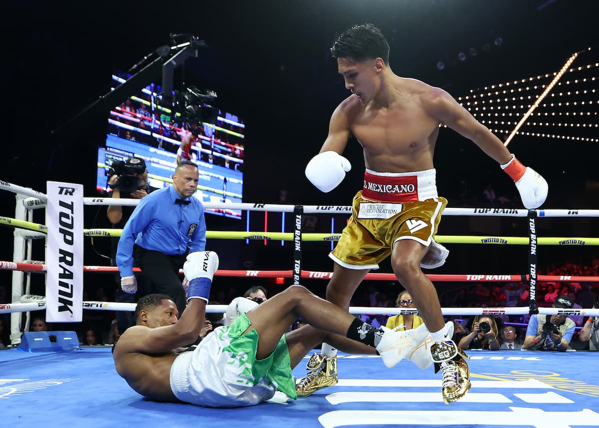 Emiliano Vargas knocks out Alexander Espinoza during their bout at The Theater at Madison Square Garden in New York