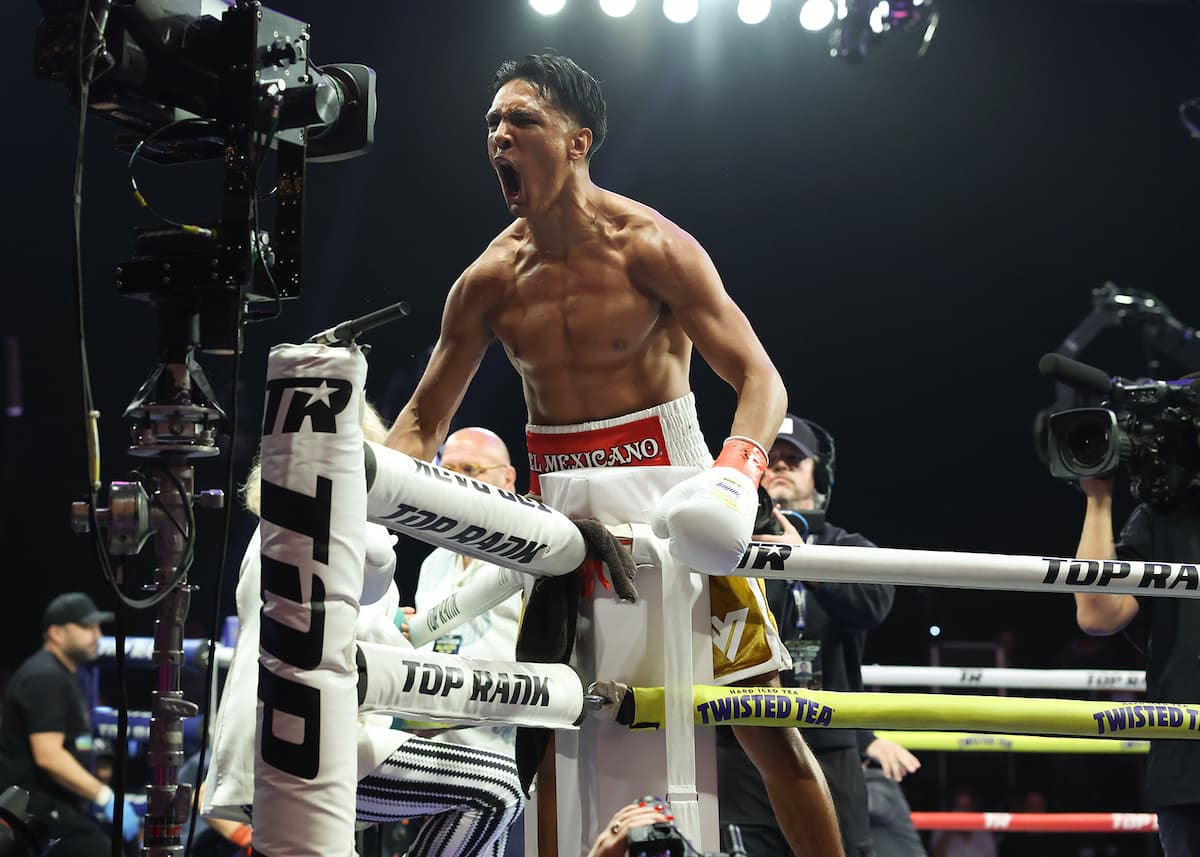 Emiliano Vargas celebrates his victory over Alexander Espinoza during their bout at The Theater at Madison Square Garden in New York