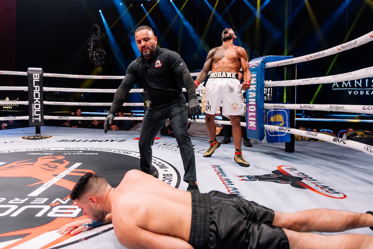 Esteban Rodriguez knocks out Julio Perez Rodriguez during their bout at BKFC 78 Hollywood