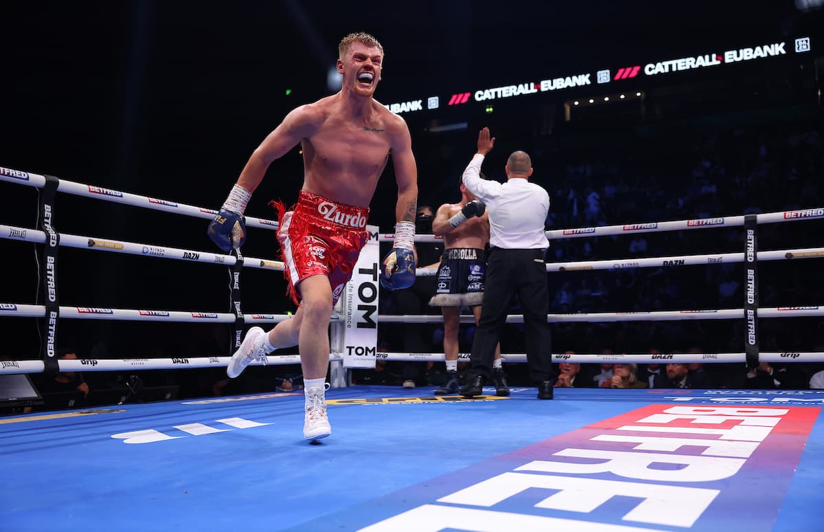 Fraser Wilkinson TKOs William Crolla during their boxing bout in Manchester