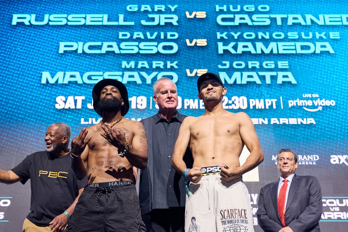 Gary Russell Jr and Hugo Castaneda during the weigh-in ahead of their bout in Las Vegas