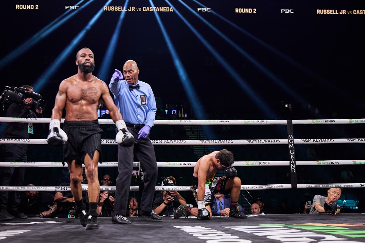 Gary Russell Jr knocks down Hugo Castaneda during their bout at the MGM Grand Garden Arena in Las Vegas