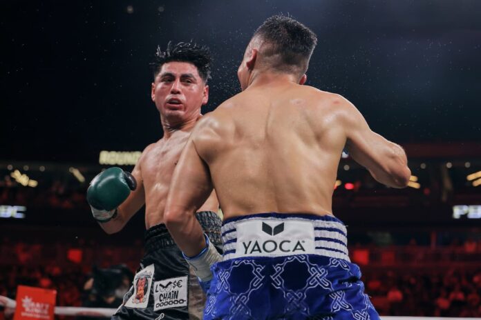 Angel Fierro during his boxing bout against Isaac Cruz in Las Vegas
