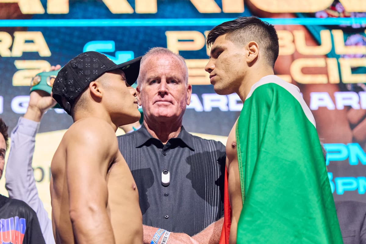 Isaac Cruz and Omar Salcido Gamez during the weigh-in ahead of their bout in Las Vegas