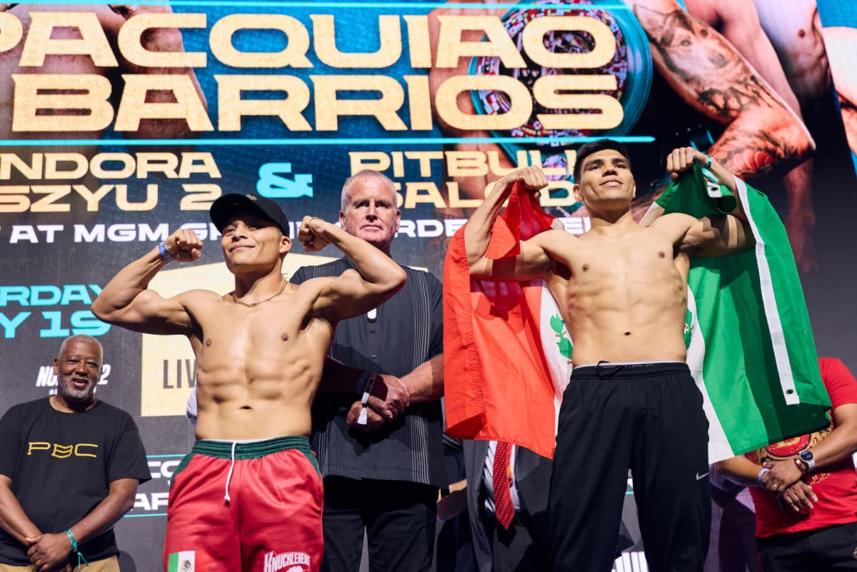 Isaac Cruz and Omar Salcido Gamez during the weigh-in ahead of their bout in Las Vegas