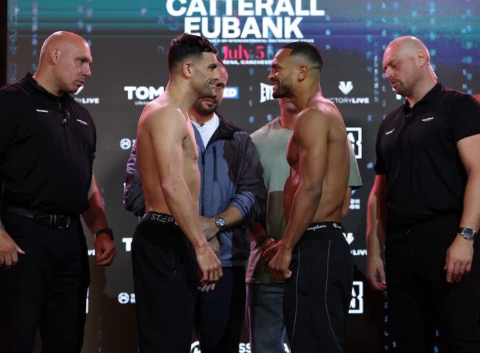 Jack Catterall and Harlem Eubank come face-to-face at the weigh-in, ahead of their boxing bout in Manchester