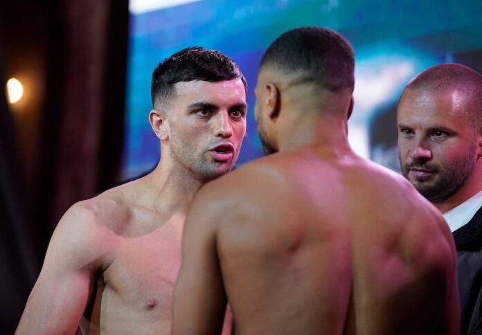 Jack Catterall and Harlem Eubank come face-to-face at the weigh-in ahead of their boxing bout in Manchester