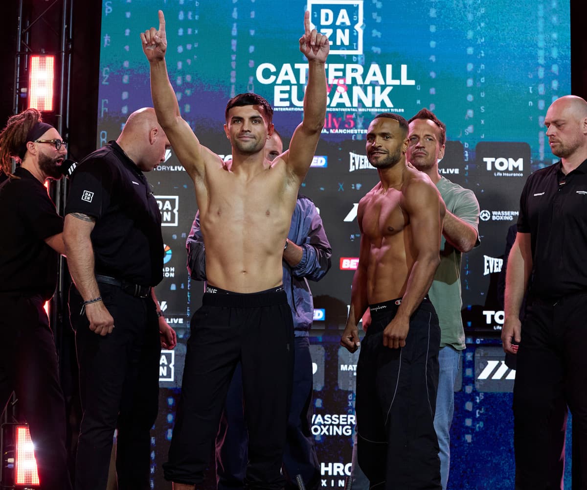 Jack Catterall and Harlem Eubank at the weigh-in ahead of their boxing bout in Manchester