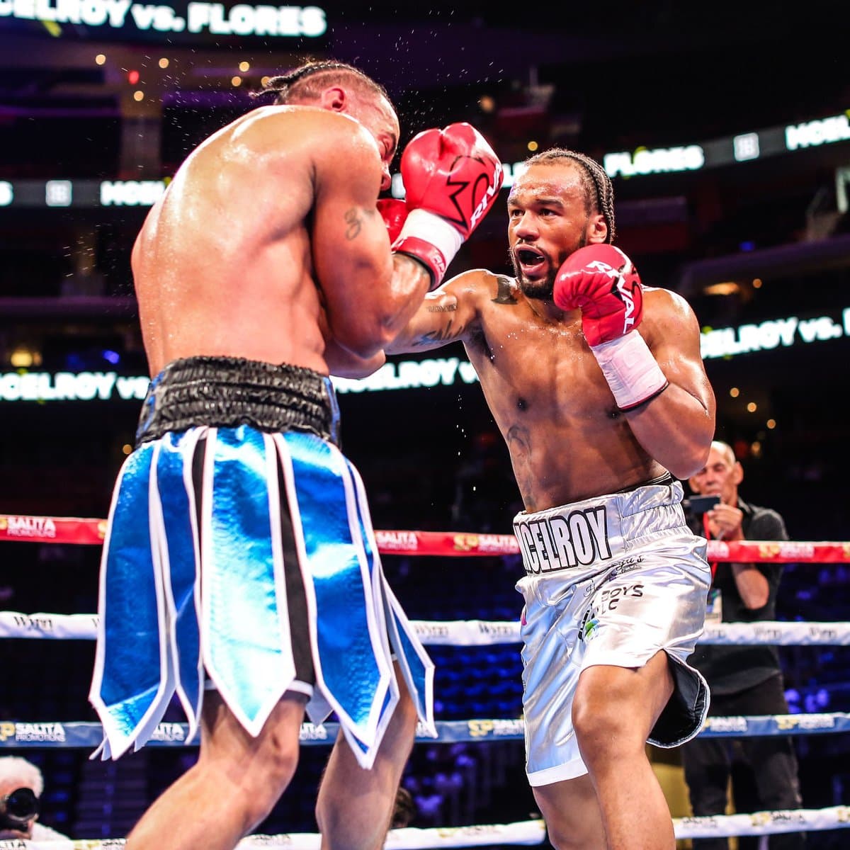 Jaquan McElroy during his bout against Joshua Flores at Little Caesars Arena in Detroit