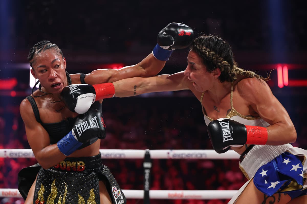 Jennifer Miranda punches Alycia Baumgardner during their boxing bout at MSG in New York