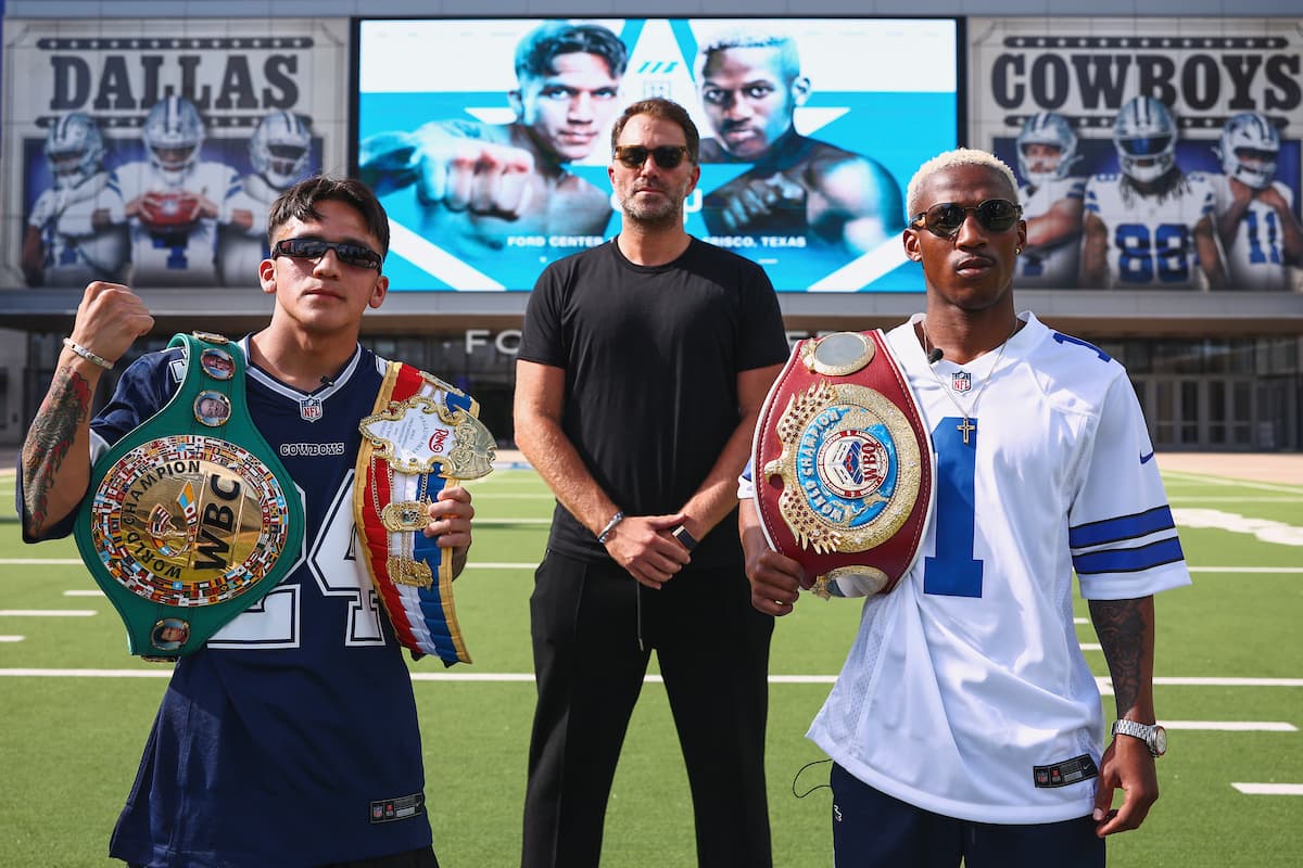 Jesse Rodriguez, Eddie Hearn and Phumelele Cafu at Ford Center at The Star in Frisco, Texas