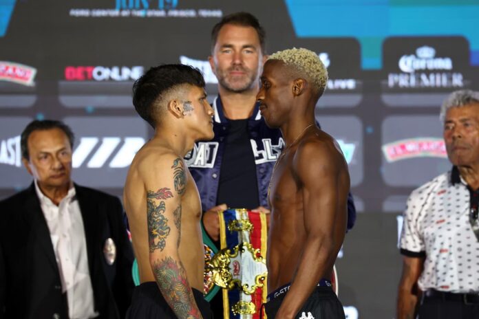Jesse Rodriguez and Phumelele Cafu face off at the weigh-in, ahead of their boxing bout in Frisco, Texas