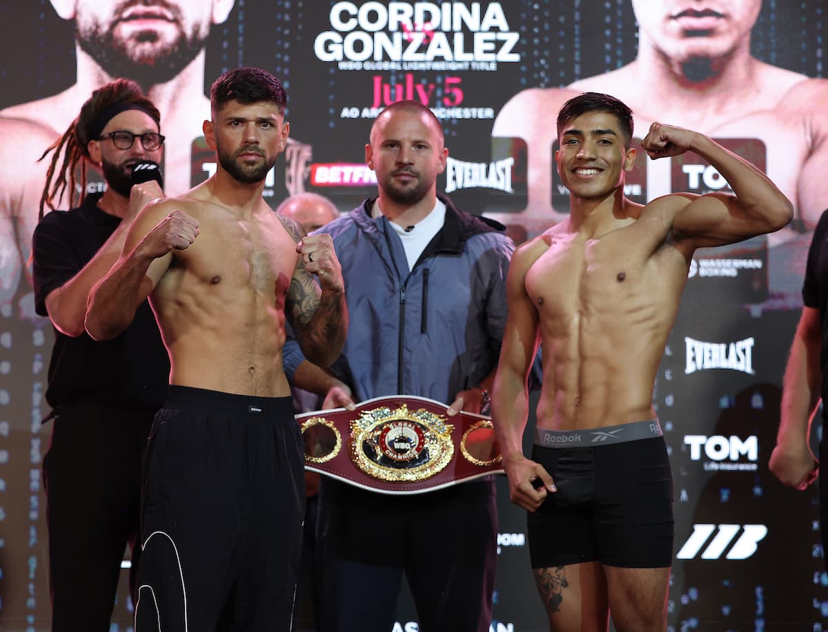 Joe Cordina and Jaret Gonzalez Quiroz at the weigh-in ahead of their boxing bout in Manchester