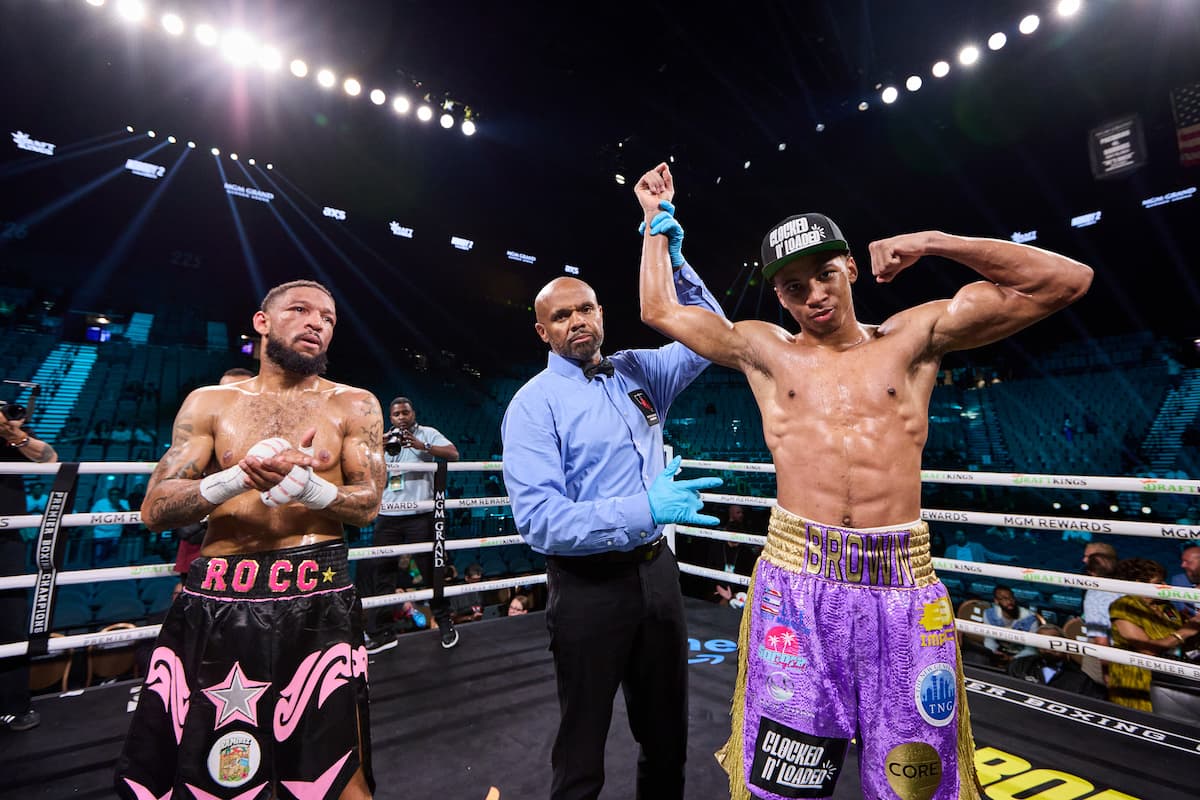 Joseph Brown defeats Aaron Watson during their bout at the MGM Grand Garden Arena in Las Vegas