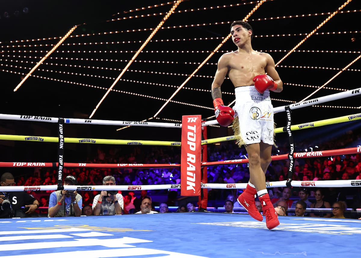Juanmita Lopez De Jesus during his bout against Jorge Gonzalez-Sanchez at The Theater at Madison Square Garden in New York