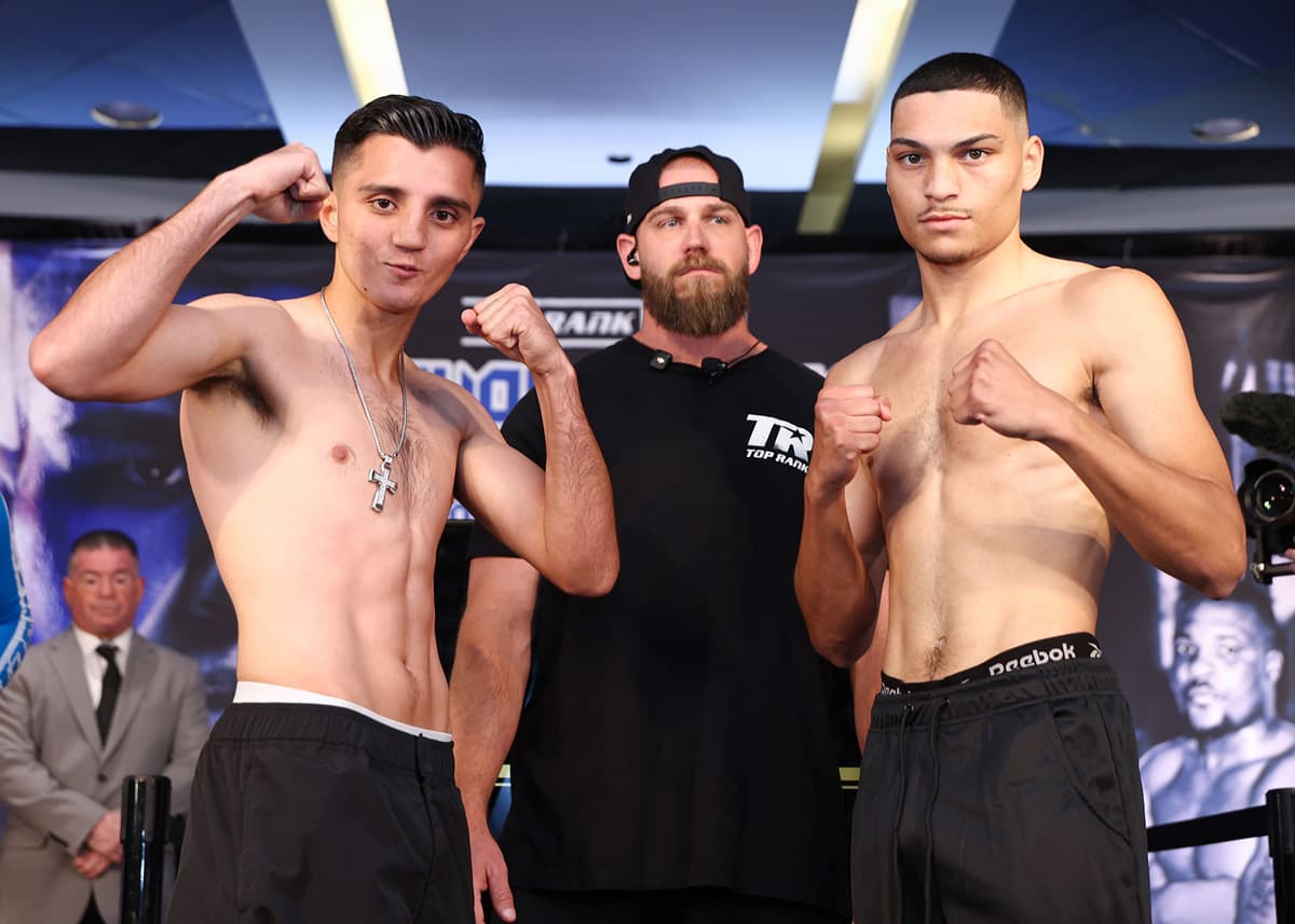 Julius Ballo and Brandan Ayala during the weigh-in ahead of their boxing bout at The Theater at Madison Square Garden in New York
